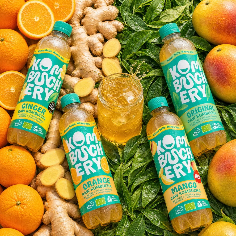Kombuchery Raw Kombucha Sorten mit Ingwer, Orange und Mango