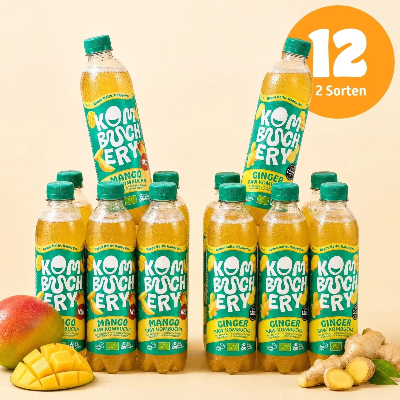 Happy Belly Probierpaket mit 12 Flaschen Kombuchery Raw Kombucha in den Sorten Mango und Ginger