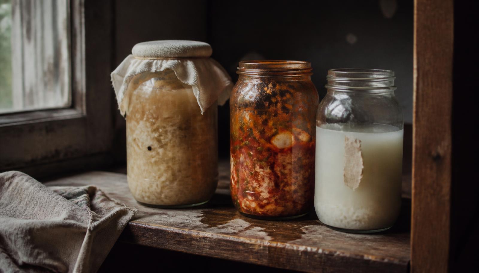 Redaktionsbild zu fermentierten Lebensmitteln in Gläsern