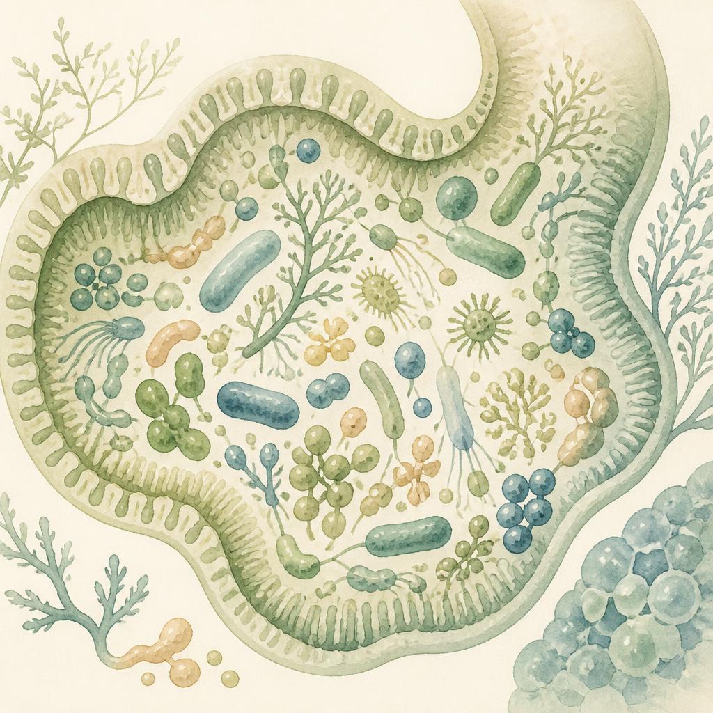 Illustration: Darm mit vielfältigen Mikroorganismen im Gleichgewicht