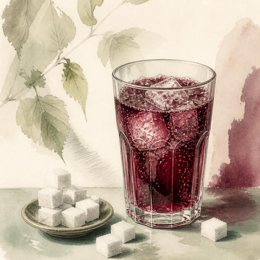 Illustration: Glas mit gesüßtem Getränk, Eiswürfeln und Zuckerwürfeln